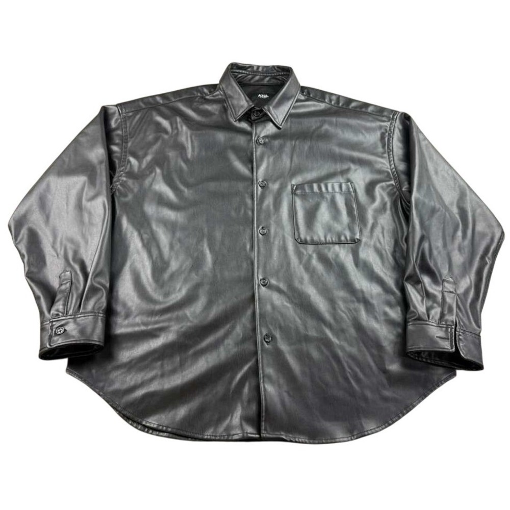 AZUL BY MOUSSY Shirt Men L Black Faux‎ Leather Button Down Chest Pocket Collared